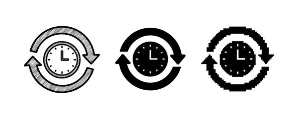 Obraz premium Set of time icons: sketch, solid, pixel versions with clock and arrows