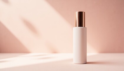 Minimalist White Cosmetic Bottle with Gold Cap Against Pink Background