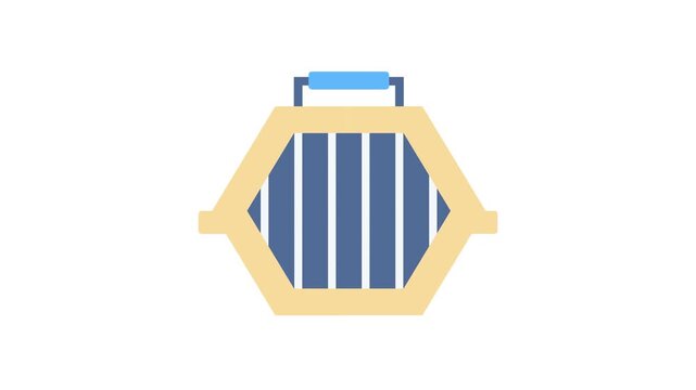 A striped cage in blue and white, equipped with a handle for convenient transport.