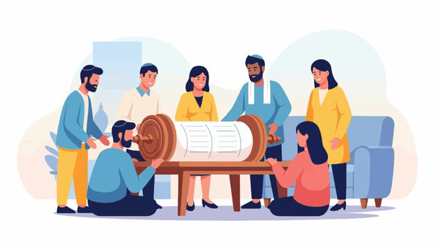 Diverse group of people gathered around a Torah scroll on a table