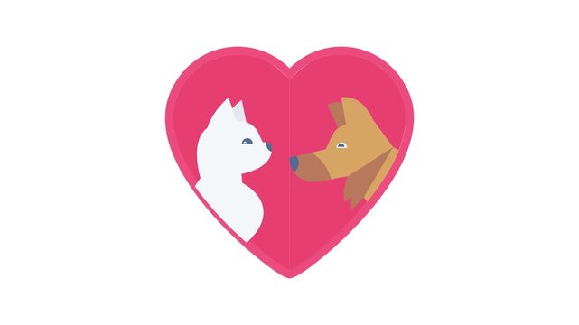  A heart shape frames a dog and cat looking at each other, representing their bond and mutual affection.