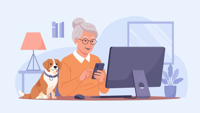 Elderly woman using a smartphone next to her computer and dog