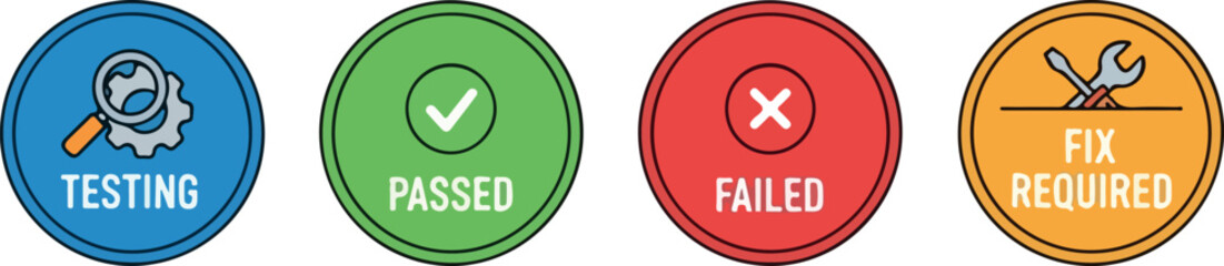 Obraz premium Quality assurance process icons Testing, Passed, Failed, and Fix Required status indicators for software or product development