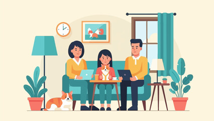 Plakat Family enjoying a cozy evening at home, using laptops and cuddling pets