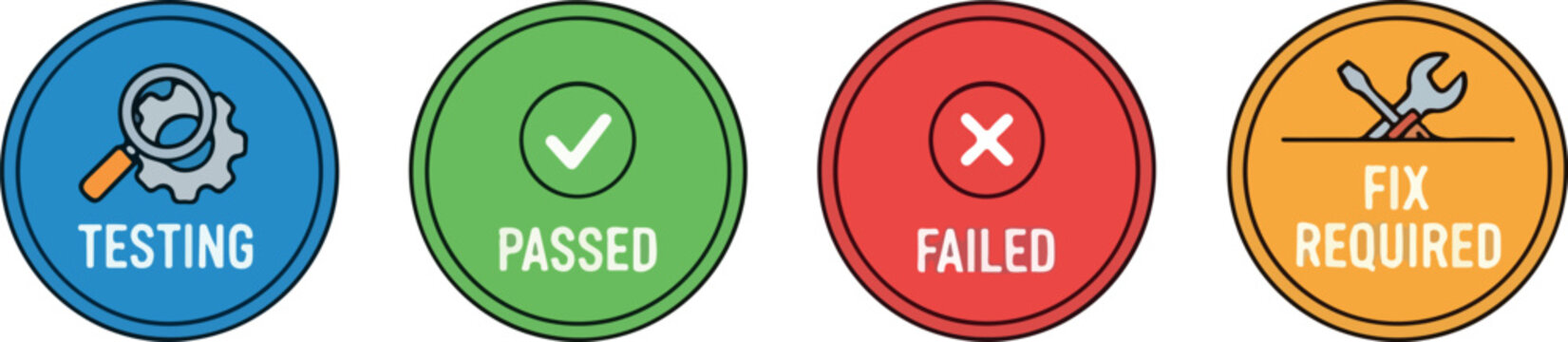 Quality assurance process icons Testing, Passed, Failed, and Fix Required status indicators for software or product development