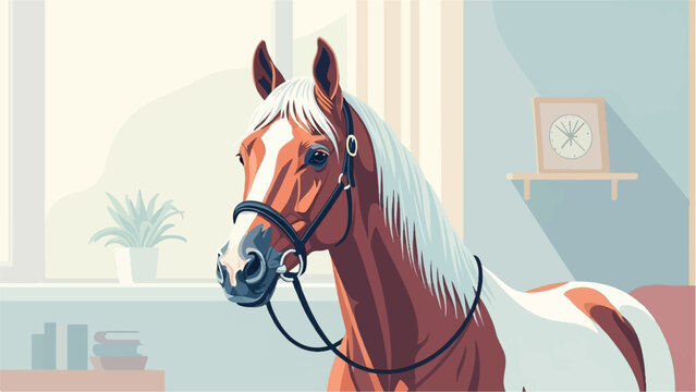 Elegant horse with flowing mane and bridle in a room
