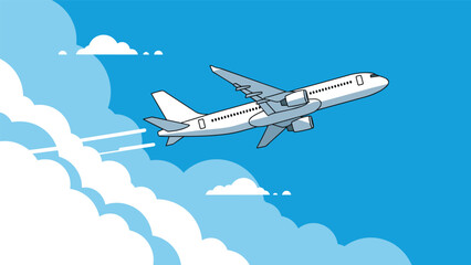 Naklejka premium Commercial airplane flying through white clouds in a clear blue sky representing travel, aviation, and global transportation services.