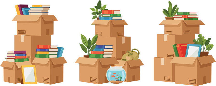 Stacked cardboard boxes with books plants and household moving packing