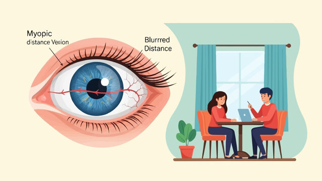 Eye with myopic vision illustration and couple working on laptop