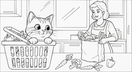 Fototapeta premium Coloring book for children — A cat in a basket with groceries in the kitchen