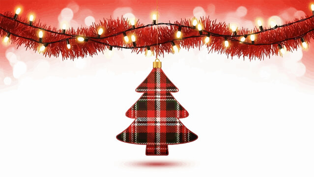 Festive red tinsel garland with warm lights frames a tartan Christmas tree ornament