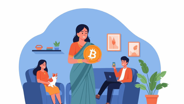 Family in a room with a woman holding a large bitcoin and others on devices