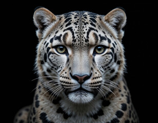 Fototapeta premium A close-up portrait of a snow leopard looking at the camera against a black background.