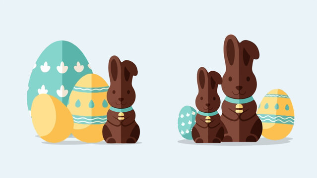 Flat design chocolate bunnies and decorative eggs, festive Easter symbols