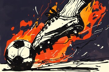 Obraz premium Illustration of soccer player foot striking a ball with fiery passion. Dynamic sport concept for competition, match poster.
