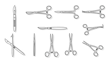Naklejka premium Detailed line art collection of various medical surgical instruments including scalpels, forceps, and scissors for medical procedures.