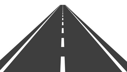 Straight asphalt highway with white dashed lines recedes into a distant horizon against a stark white background for copy space.