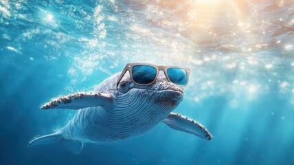 Obraz premium A whale wearing sunglasses swimming gracefully through the deep ocean.