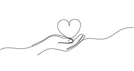 Fototapeta premium Continuous line art of hand holding heart symbolizing love and care. No editable stroke