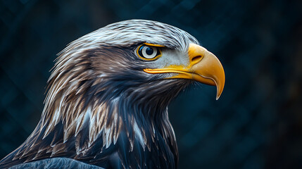 Obraz premium Close-up portrait of a majestic Eagle, looking intensely into the distance, dramatic side lighting, dark, moody background, hyper-realistic