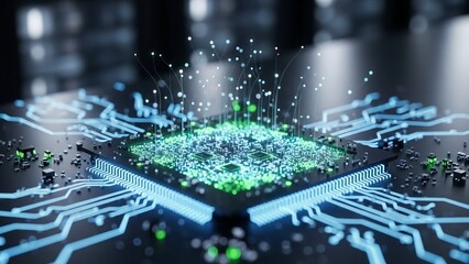 Futuristic microchip with glowing green circuit board and blue neon lights on dark background representing advanced technology and digital innovation