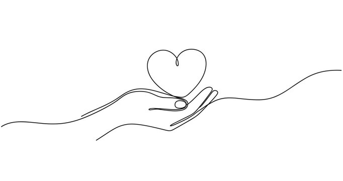 Continuous line art of hand holding heart symbolizing love and care. No editable stroke
