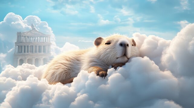 A capybara resting on a fluffy cloud with a distant Roman temple, creating a dreamy and surreal atmosphere.