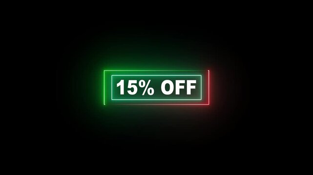 Discount 15% off percent banner animation illustration isolated on black background.15% percent off neon sign banner.4 k motion video..