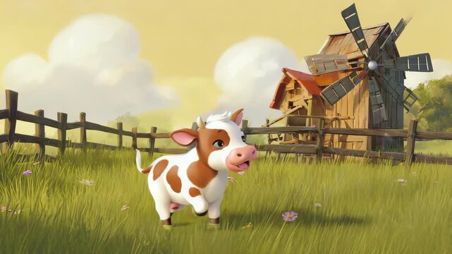 Cute cartoon cow standing in a green farm with windmill and wooden fence