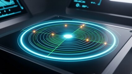 Futuristic control panel with glowing blue concentric circles and neon lights on a sleek black surface in a high tech environment
