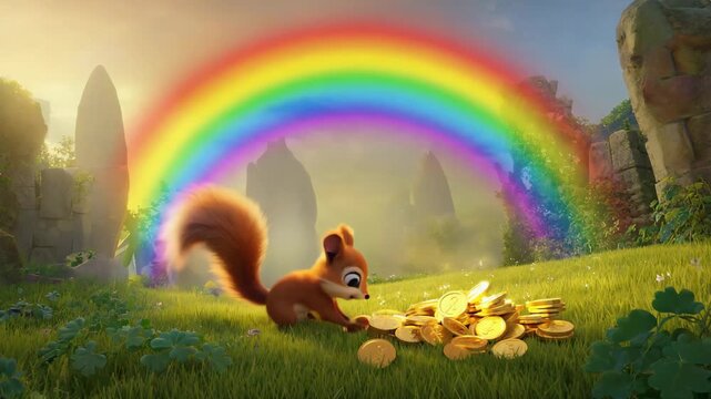 Cute cartoon squirrel with gold coins and rainbow in magical forest