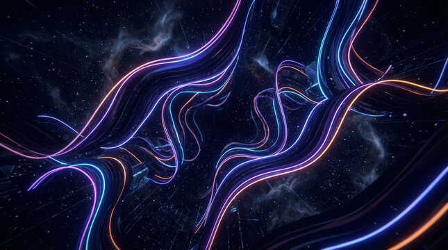 3D abstract sound waves flowing through dark space with glowing edges, depth perspective, and dynamic lighting, representing immersive audio, futuristic technology, and music innovation