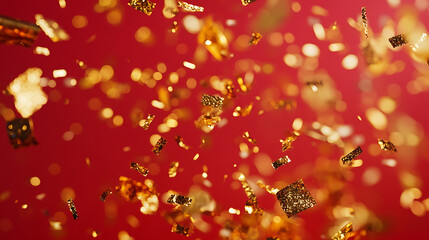 Fototapeta premium Gold confetti falling on a red background 