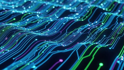 Abstract futuristic neon waves with glowing blue green lines on dark background vibrant technology motion concept digital wave pattern