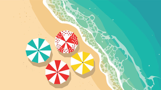 Aerial view of a tropical sandy beach shows colorful umbrellas near the turquoise ocean waves for vacation and travel themes.