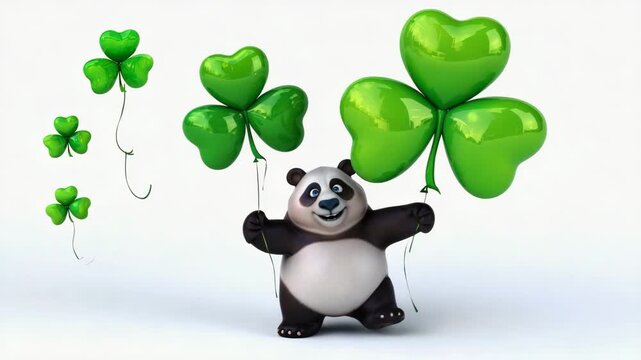 Happy cartoon panda holding green shamrock balloons isolated