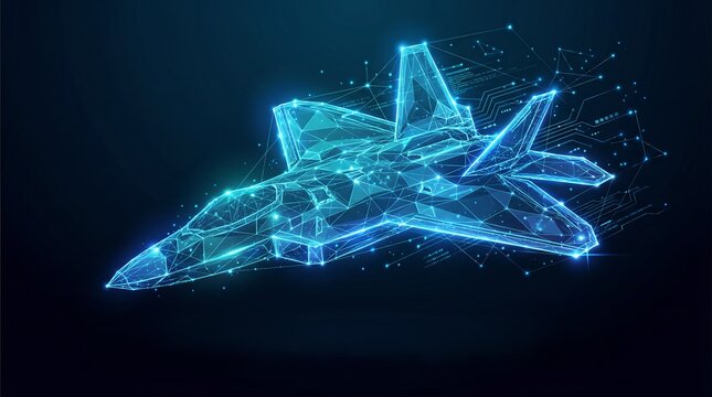 Futuristic Digital Wireframe of Stealth Fighter Jet with Glowing Blue Poly Mesh - Air Superiority Concept