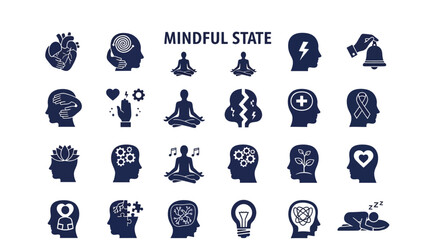 Collection of mindfulness icons representing mental states and meditation in various head silhouettes, vector illustration, premium file (251).eps