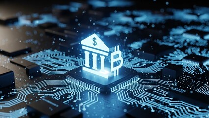 Glowing bank building icon on digital circuit board with futuristic blue neon lighting and technology background