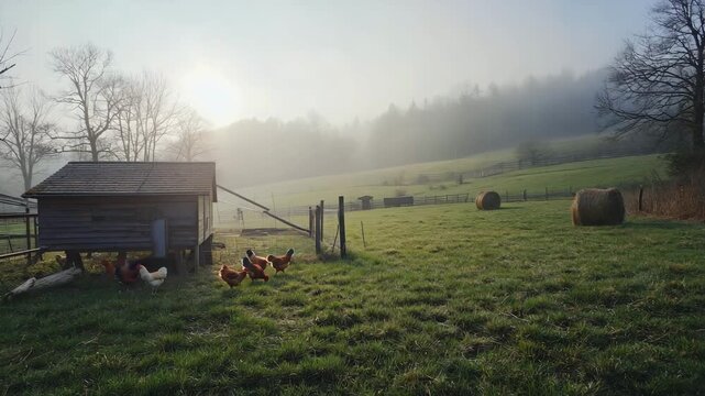 Peaceful morning farm scene with chickens and rolling green hills
