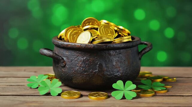 Pot of gold coins with shamrocks on wooden table for luck and wealth