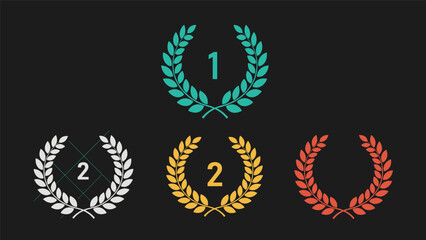 Obraz premium Collection of laurel wreath award icons with numbers one and two displayed on a dark background in different colors.