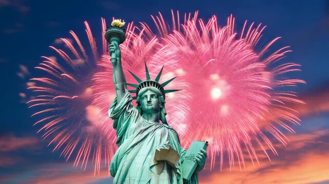 Vector illustration of the stone Statue of Liberty monument in New York, USA, featuring a woman sculpture under a sky filled with fireworks to celebrate American art and architecture
