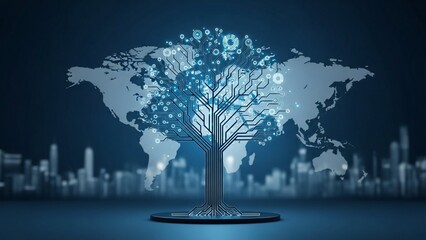 Global network tree with cityscape background representing global connectivity and data exchange in modern digital era