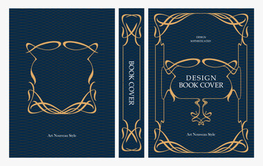 Fototapeta premium Classic vintage book cover and spine with gold and black art deco, art nouveau ornament, decorative frame, elegant retro style for classic publications, posters, artistic layouts
