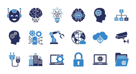 Collection of technology and innovation icons representing artificial intelligence and digital advancements in a modern flat design style