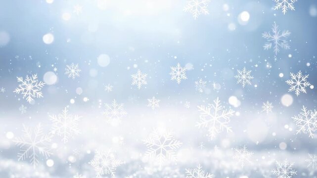 Soft falling snowflakes and bokeh lights creating a magical winter background
