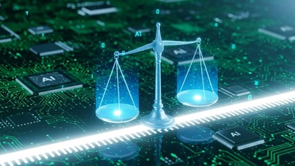 Silver scales of justice on circuit board with ai chips balancing technology and ethics in futuristic neon green environment