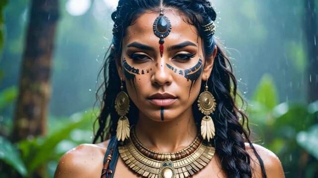 Young indigenous woman with tribal face paint and golden jewelry in a lush rainforest during a downpour