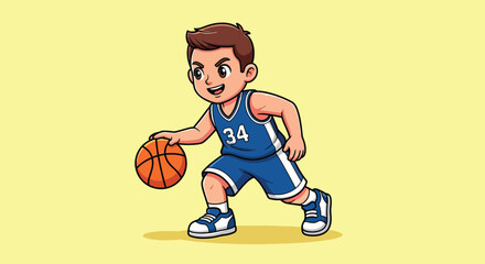 Cartoon Boy Playing Basketball Dribbling Ball. © NFS Studio